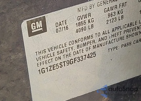 2016 Chevrolet Malibu 1Lt from USA, damaged, VIN 1G1ZE5ST9GF337425